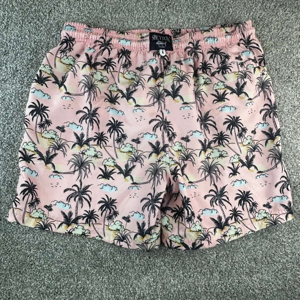 Spicy Tuna Swim Trunks Mens XL Pink Palm Tree Tropical Beach Mesh Lined Summer